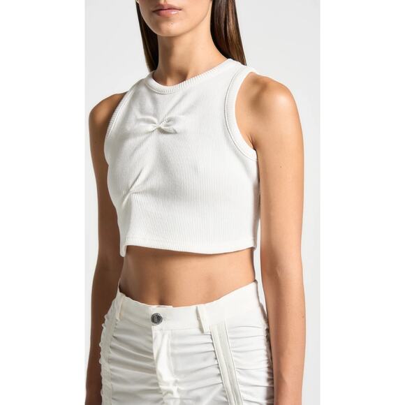 Maniere De Voir Womens Cropped Tank Top 6 White Tacked Ribbed Knit Minimalist - Picture 1 of 8